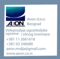 AEON DOO BEOGRADVeleprodaja ugostiteljske opremeVladimira Gaćinovića14 11040 BeogradTel/fax: 011/2 661-618Mob.:063-246-680E-mail:aeon.mrdja@gmail.comwww.aeon.co.rs